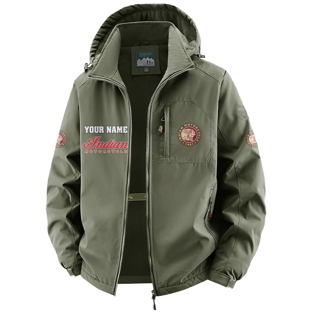 American-Style Motorbike Fleece Windbreaker Jacket, Insulated Windbreaker Fleece HVN1451IM - Green - Image 2