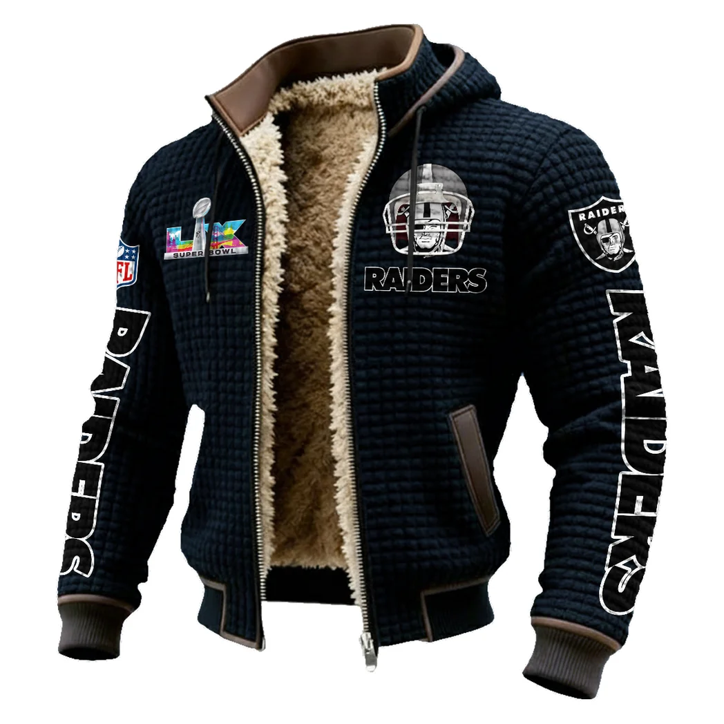 Football Silver Crew Fleece-Lined Hooded Jacket, Deep Winter Insulated Hoody HVN1463LV - Black - Image 2