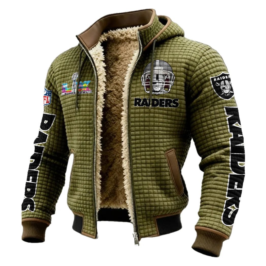 Football Silver Crew Fleece-Lined Hooded Jacket, Deep Winter Insulated Hoody HVN1463LV - Green - Image 2