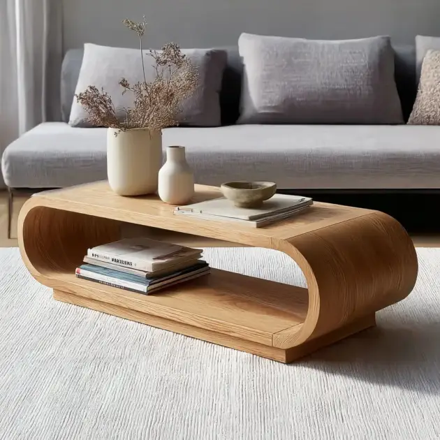 Curved Edge Oak Coffee Table Minimal Storage Shelf Design