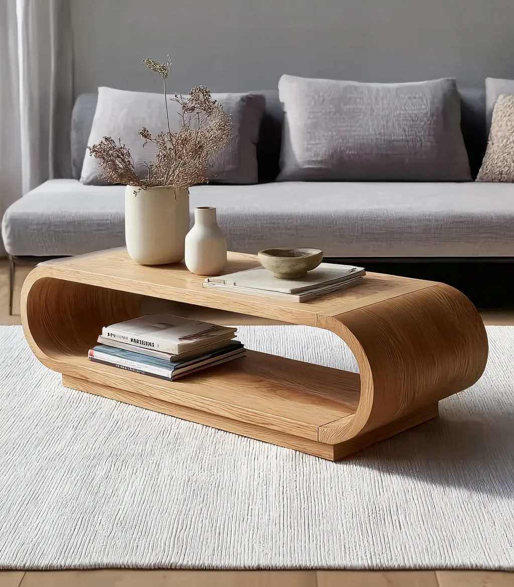 Curved Edge Oak Coffee Table Minimal Storage Shelf Design