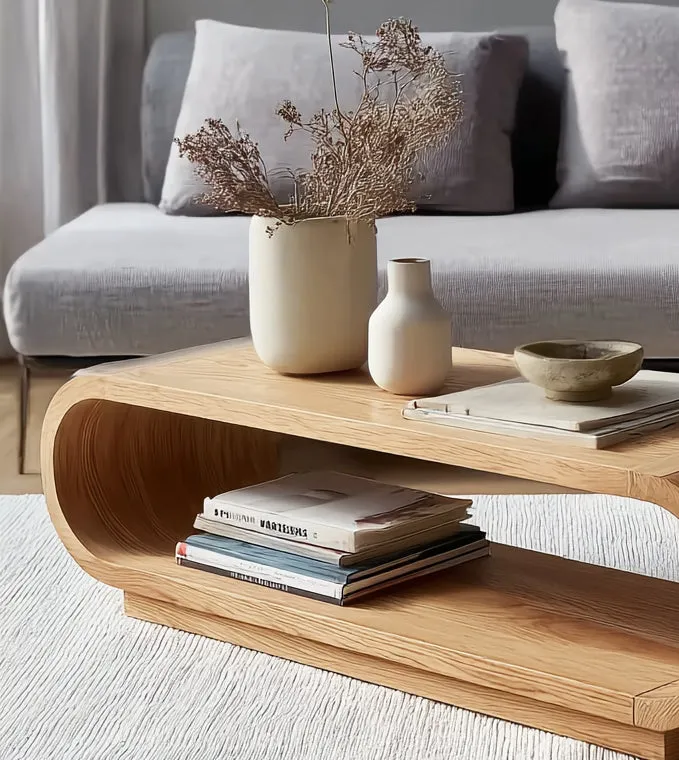 Curved Edge Oak Coffee Table Minimal Storage Shelf Design - Image 2