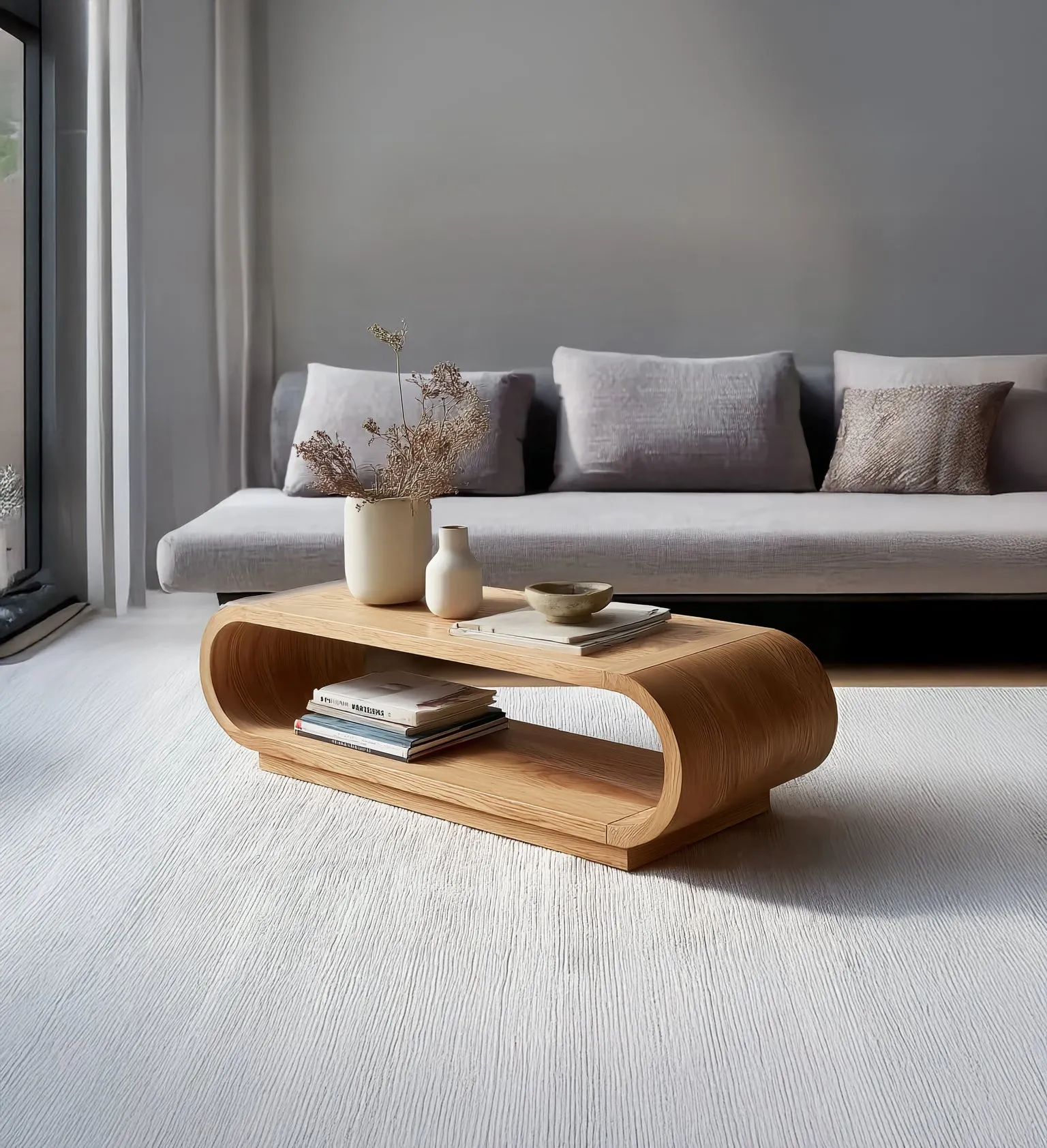 Curved Edge Oak Coffee Table Minimal Storage Shelf Design - Image 3