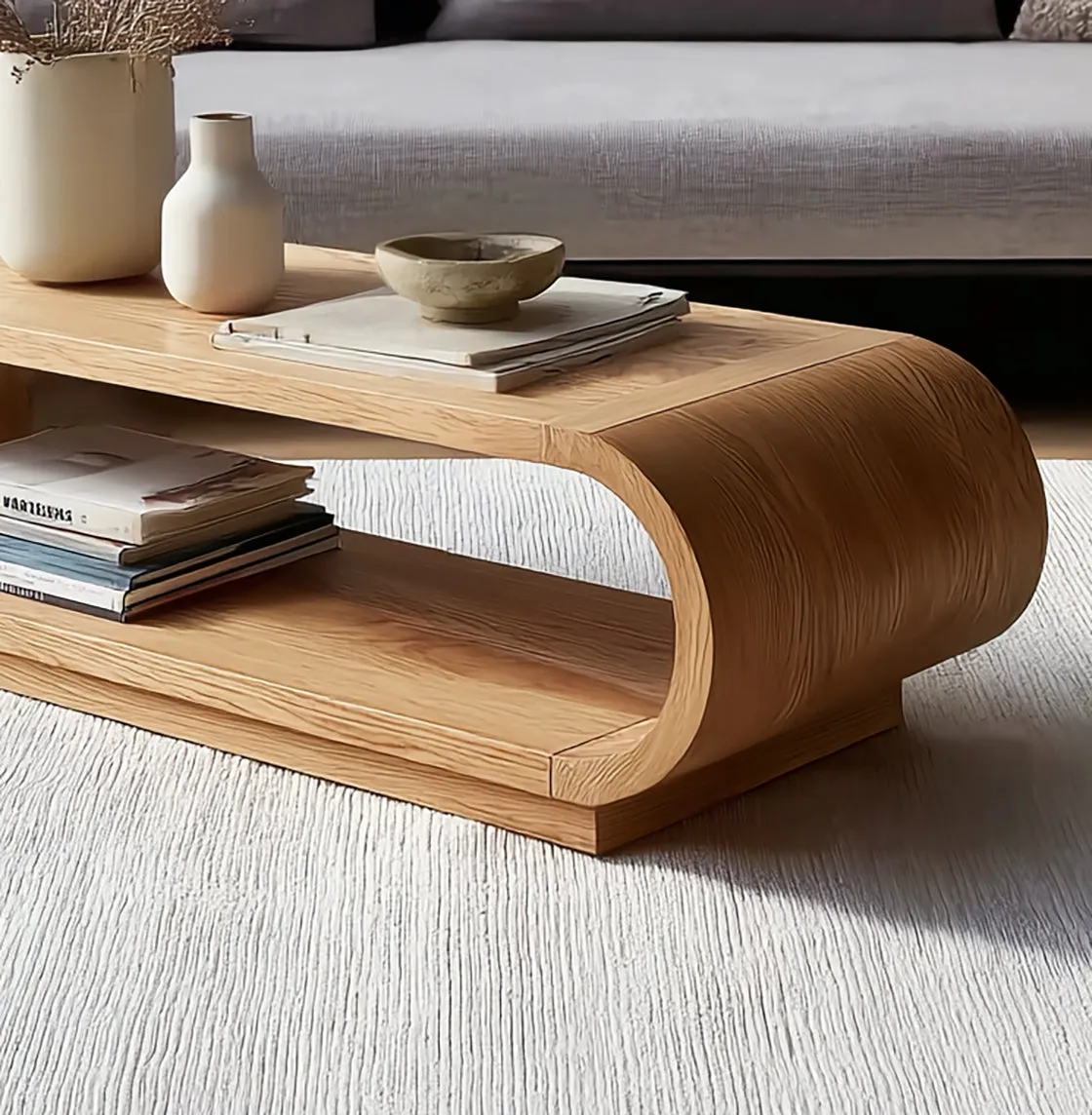 Curved Edge Oak Coffee Table Minimal Storage Shelf Design - Image 4