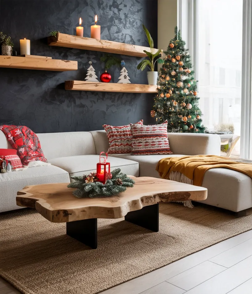 Live Edge Slab Coffee Table Solid Wood with Black Metal Base