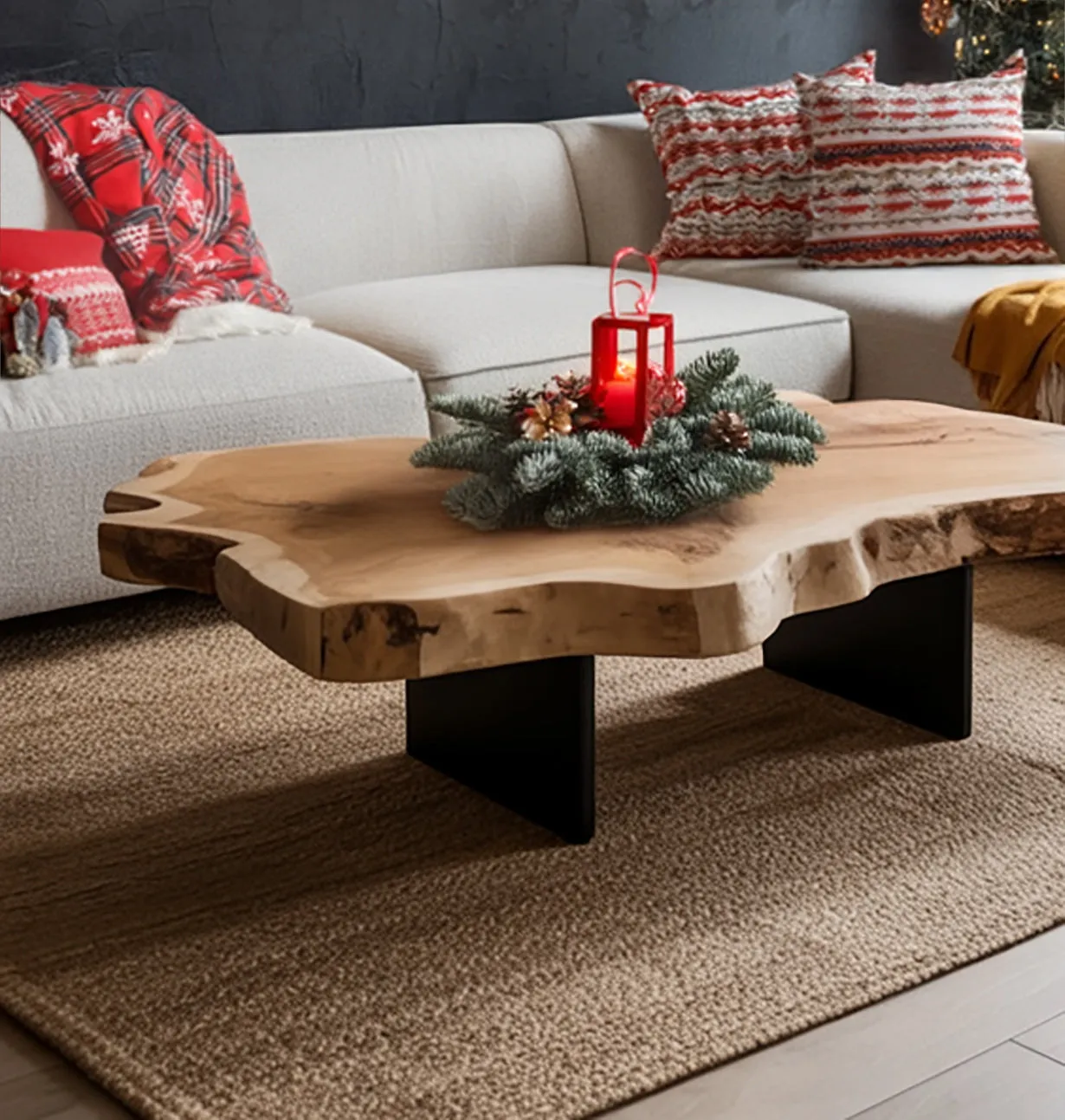 Live Edge Slab Coffee Table Solid Wood with Black Metal Base - Image 2
