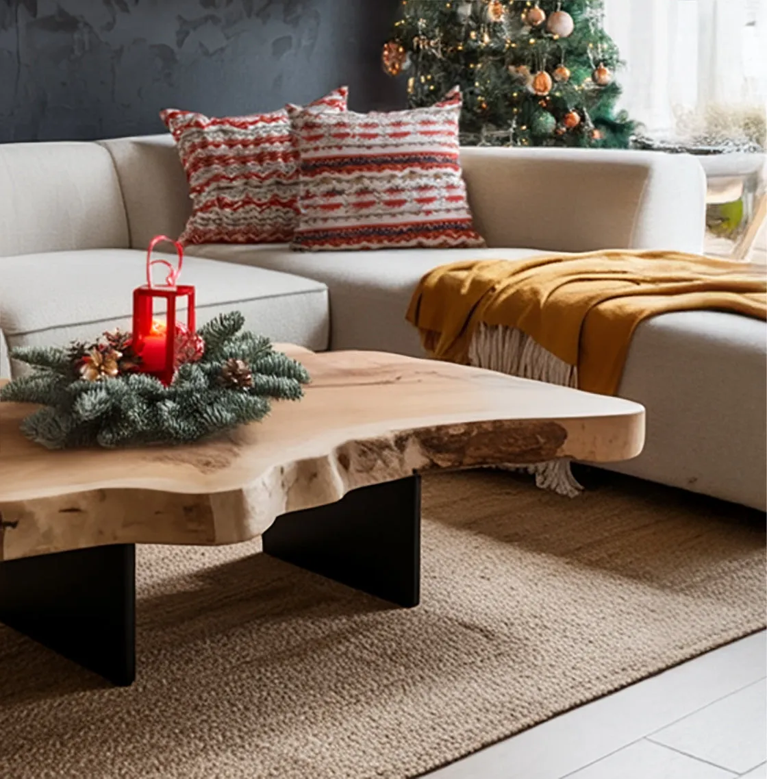 Live Edge Slab Coffee Table Solid Wood with Black Metal Base - Image 3